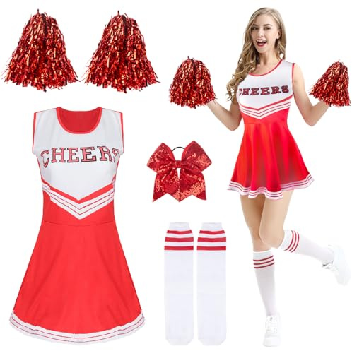 Kakamanon Cheerleader Costume Women, Kids Girls Cheerleader Costume, Fancy Cheerlead-er Outfit with Cheer-leader Pom Poms Hairband and Socks, Cheer-leader Dress for Halloween Women Party