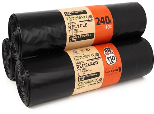 Relevo Bolsas Negras Profesionales para Contenedor – 240L (Ancho 120 cm × Alto 140 cm), 30 Bolsas (3 Rollos × 10 Bolsas) | Extra Fuertes y Antigoteo | 55 µm (Micras) | 100% LDPE Reciclado