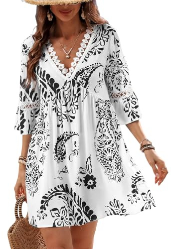 CUPSHE Vestido corto de verano para mujer, cuello en V, manga 3/4, puños con volantes, vestido de playa casual