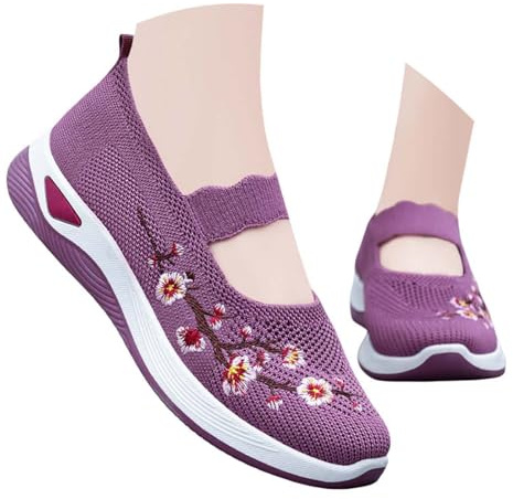 Generisch Zapatillas ortopédicas para mujer, zapatos para diabéticos, ligeros, cómodos, para la salud, verano, transpirables, zapatos de tela ancha, con bordado de flores, 09 púrpura, 39 EU