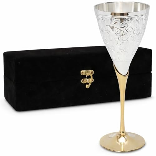 Brass Champagne Silver Plated Toasting Flutes With Black Velvet Box - Set of 1 Brass Chalice Wine Goblets - Engraved Goblet Champagne Glass & Liqueur Glasses, Communion Cup, Housewarming Gift