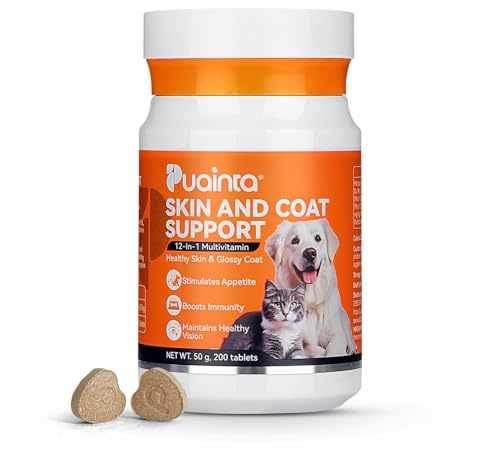 PUAINTA Dog Vitamins for Itchy Skin, Omega 3 Fish Oil for Healthy Skin, Less Shedding, Fluffy Hair, 12-in-1 Multivitamin for Dogs & Cats, Folic Acid Pregnant Dog Skin Care, 200 Tablets