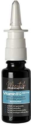 Vitamin B12 & Folsäure Nasenspray Vegan Hochdosiert 500µg Methylcobalamin 7 Wo Bedarf Entwickelt in deutscher Apotheke geeignet für Schwangere&Kinder