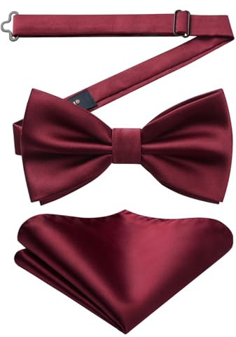 HISDERN Papillon da Uomo Vino Rosso e Fazzoletto con Gancio già Annodato Regolabile Cravatta a Farfalla per Adulto Pre-legati Farfallino da Smoking