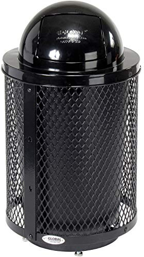 Global Industrial 36 Gallon Outdoor Steel Trash Can with Dome Lid and Raised Base, Plastic Liner and Anchor Kit Included, 23-1/2 Diameter x 43 H, Powder Coat Finish, Unassembled, Black