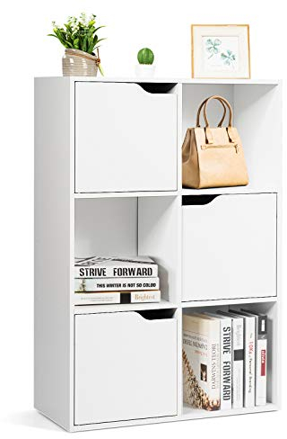 DREAMADE Wohnzimmerschrank aus Holz, Würfelregal mit Großem Stauraum, Büroregal mit Türen & Geteilte Fächer, Standregal für Wohnzimmer Kinderzimmer Büro Studierzimmer, Weiß/Dunkelgrau (Modell 1)