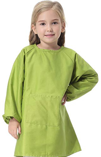 Baumwolle Malkittel Kinder, Taschenschürze mit Langen Ärmeln, abwaschbar Kinderschürze, Bastelkittel für Kinder, Kunstkittel für Malen Kochen Backen (Large,Grün)