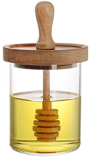 Lawei Glass Honey Pot Clear with Wooden Dipper and Lid Jam Jar Honey Container for Storage Home Kitchen - 380 ml