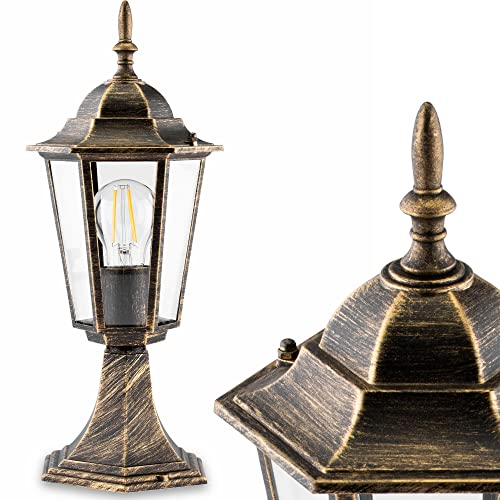 Lumiled Wegeleuchte Sockelleuchte Vintage 230V Außenleuchte Stehend Laterne Sockellampe Aussenleuchte Aluminium Braun Gold Glas Wasserdicht E27 Fassung Outdoor Garten Retro Gartenlampe antik