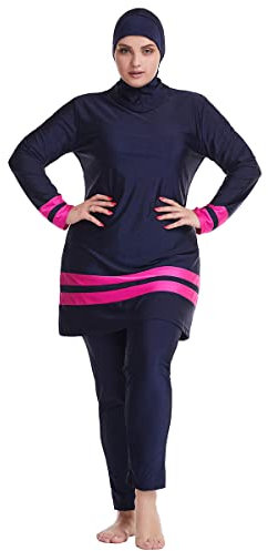OBEEII Muslimische Badeanzüge für Frauen, Übergröße, Volle Abdeckung, Burkini Frauen Tankini Langarm Capri Badeanzug + Schwimmhose mit Badekappe Zum Surfen Tauchen Dunkelblau01 3XL