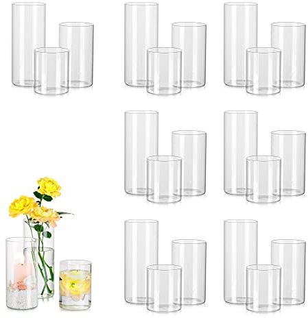 Hewory Vasi Cilindrici in Vetro, Set di 24 Vaso Alto in Vetro Trasparente per Fiori,Portacandele a Uragano per Candele Galleggianti a Colonna,Vaso da Fiori per Centrotavola per Matrimonio,10/15/20cm