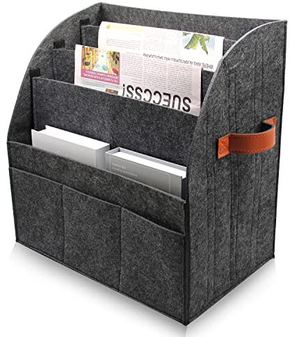 AEESRRU Zeitschriftensammler,faltbarer großer Filz Zeitungsständer, abnehmbare 4-Lagen-Trennwand, externe 3-kleine Taschen, Gläser und Telefonablagefläche, Größe 40x40x25cm