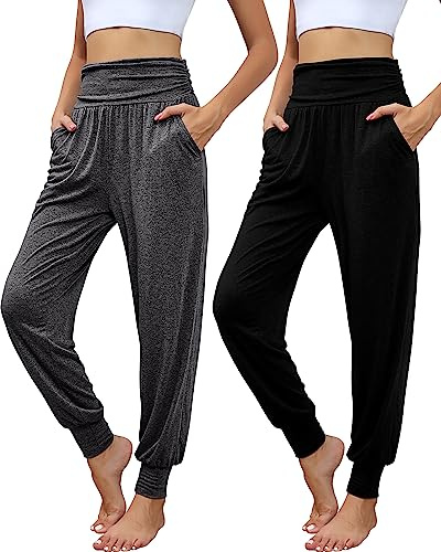 Locoowai 2 Pack Women's Yoga Joggers, Cozy Sweatpants with Pockets Casual Loose Comfy High Waisted Lounge Pants(Black, Dark Gray,Large)
