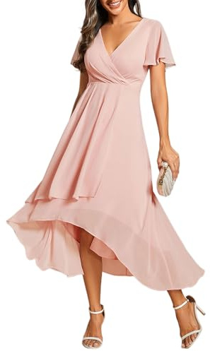 Ever-Pretty Vestidos de Invitada de Boda Elegantes Vestidos de Noche de Gasa Mujer Midi Cortos Vestidos de Novia Rosa 36