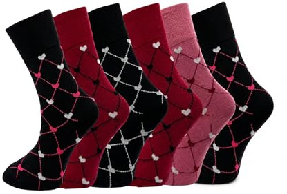 ARG 6 pares de calcetines para mujer no elásticos para diabéticos, agarre fácil, holgados, suaves, de algodón, para pies hinchados, edema, talla 4-8, Corazones, Altoa única