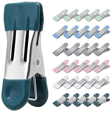 Clothes Pins Heavy Duty 30 Pack, 2.17 Inch Metal Chip Clips, Clothespins for Photo Drying Clothesline Laundry Sock, Bag Clips for Food Kitchen Stainless Steel with Rubber, 6 Colors