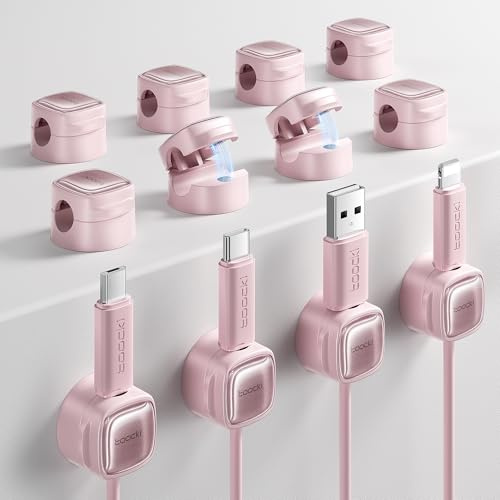 toocki Soportes para Cables, Clips Ajustables, Organizador de Cables Magnéticos, Soporte Autoadhesivo para Escritorio, Mesita de Noche, Cables de Carga, HDMI, USB, Cable de Audio (rosa, 12)