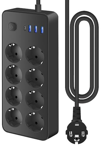 Lotvic Multiprise Electrique avec 1,8M Cordon, Multiprise 8 Prises avec Interrupteur, Multiprises Parafoudre avec 1 Port USB C,3 Port USB A (5V 2A), pour Maison Burea Noir