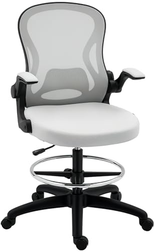 Vinsetto Silla de Dibujo Giratoria Silla de Escritorio Silla Alta con Respaldo Medio Soporte Lumbar Reposabrazos Abatibles Altura Ajustable Carga 120 kg 59x65x102-122 cm Gris Claro