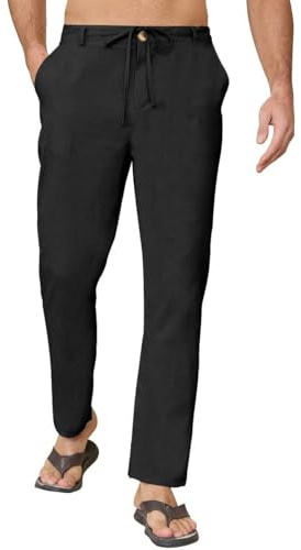 Yutdeng Pantalones Largos Verano Hombre Pantalón Lino Ligeros Casual Pantalon Verano Hombre Largo con Bolsillos Yoga Playa Algodon y Lino Pantalones Anchos Cintura Elástico con Cordón