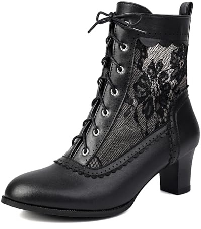 Voviggiw Women Victorian Boots 70s Lace up Ankle Boots Kitten Heel Costume Shoes Side Zipper Round Toe Black Size 40