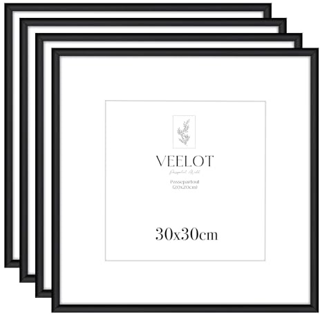 Veelot® 4x Marco Para Fotos 30x30cm, Aluminio Metálico, Negro,Passepartout 20x20cm,Marco Cuadrado Mediano,Cristal Sintético Inastillable, Perfil Estrecho, Diseño Minimalista