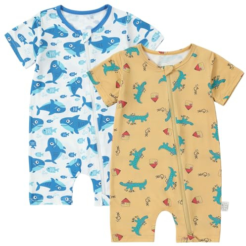 BETTERFUN 2 Pack Baby Romper Short Sleeve Spring Summer Unisex Toddler Bamboo Viscose Onesie 12-18 Months, Shark/Crocodile