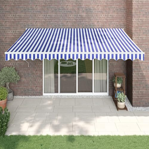 IKAYAA Toldo Retráctil 4 x 3 m, Toldo Enrollable Aluminio y Tela,Toldo Articulado Retractil con Brazo, Toldos Exterior Terraza Enrollable Azul y Blanco