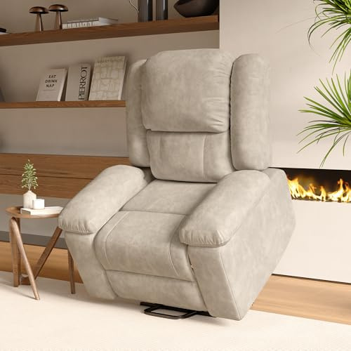 BSMGSGN Sillón Reclinable con Elevación Eléctrica, Sillón de Masaje con Calor Lumbar y Bolsillos Laterales, Reposapiés Extensible, Sofá de Relax Reclinable (Beige-A)