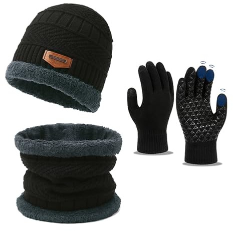 Berretto Beanie Set di Guanti Sciarpa Cappello,guanti touch screen invernali,scaldacollo,cappello per Uomo Donna,per Corsa,Sci,Ciclismo,Snowboard, Arrampicata, Motociclismo,attività all'aperto,Nero