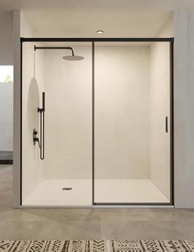 Mice - Mampara de Baño Frontal / 1 Panel Fijo + 1 Puerta Corredera/Mampara de bañera/Cerramiento de ducha/Mampara corredera con perfilería de aluminio color Negro mate/Medida 110 x 195 cm