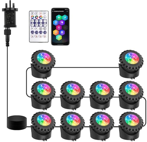 T-SUN RGB Pond Lights Mains Powered Submersible LED Underwater Fountain Spotlights with Bluetooth APP Control IP68 Waterproof for Aquariums Fish Tanks Pools Garden Yard Ponds (Set of 10)