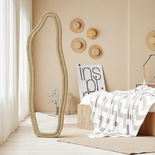 Specchio a nuvola a lunghezza intera, specchio da pavimento irregolare, con cornice in legno avvolta in flanella, specchio per pavimento e parete con supporto, specchio ondulato (oro, 160 x 50 cm)