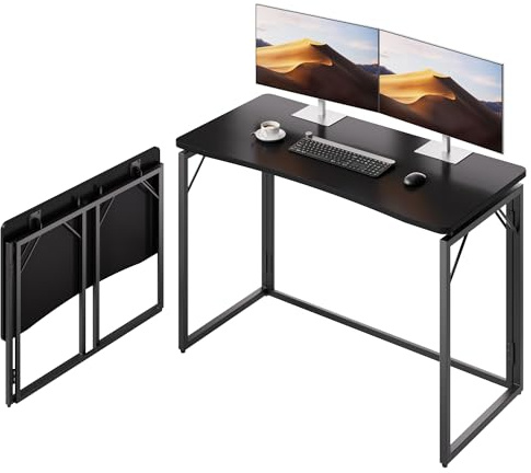 JOYMOOP 40 Black Folding Desk, No Assembly, Wooden Top, Middle Size