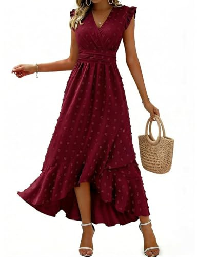 HUXRAKV Summer Wrap Dresses for Women UK Ladies V Neck Ruffle Sleeve Maxi Wedding Party Dress Ruched Waist Boho Beachdress