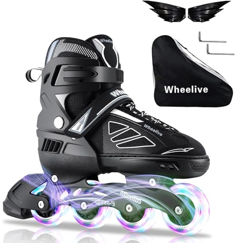 Wheelive Verstellbare Inline-Skates für Kinder, Leistungsstarke Rollschuhe mit Vollständig Beleuchteten Rädern, Ideal für Jungen, Mädchen, Anfänger und Erwachsene,Schwarz Weiß,M