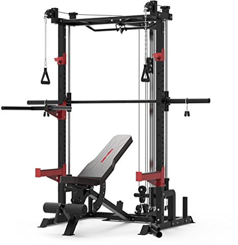 Train Hard Half Cage Support de squat Rack Power Rack Smith Machine Multipresse (rack + accessoires + banc d'haltères)
