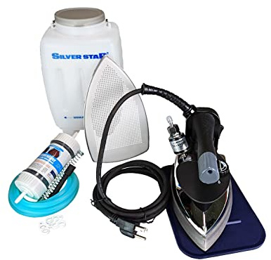 Silver Star ES-300 Steam Iron – 110 Volt Gravity Fed Hanging Bottle Clothes Iron with Non-Stick Laminate Sole Plate, Demineralizer Cartridge, Silicon Iron Rest & Hardware