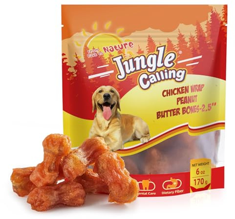 Jungle Calling Rawhide Free Dog Chew Treats, Real Chicken Wrapped Peanut Butter Bones, Teeth Clean Chewy Training Snacks, 6 oz