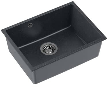 QUADRON Einbeckenspüle Granitspüle Spüle Küche | Größe 40 x 53,5 x 20,5 cm Farbe: Schwarz & Stahl | ALEC 50 Einzelbecken Küchenspüle | Granit Spülbecken | mit manuellem Siphon