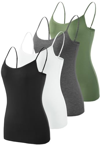 Knuffnee 4 Pack Womens Camisole Adjustable Spaghetti Strap Tank Tops Basic Undershirt Cami Tops Army Green/Dark Grey/White/Black M