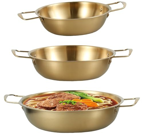 Set of 3 Korean Ramen Noodle Pot with Handle, Stainless Steel Ramen Cooking Pot Rustproof Practical, Golden Cooking Pot Korean Noodle Pot Saucepan Fast Heating for Soup, Noodle, Pasta