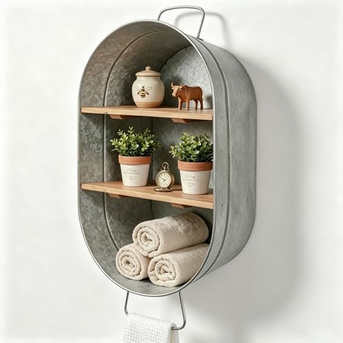 SOFE Galvanized Metal Wash Tub with Shelf, Small Oval Wall Shelf Country Bathroom Decor, 2 Tier Display Shelf Wall Mounted, Farmhouse Laundry, Floating Shelves Bathroom, Living Room