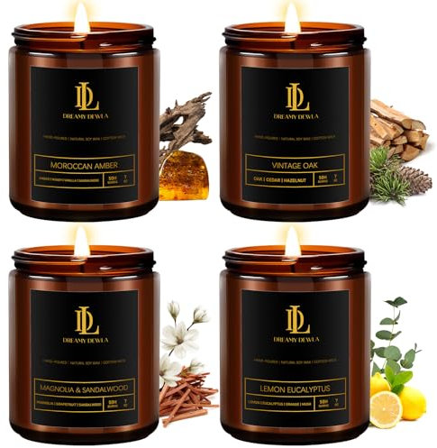 Scented Candles Set, Soy Candles for Home Scented, 4 Pack 28oz Candle Gifts for Men Women, Scents of Magnolia & Sandalwood/Moroccan Amber/Lemon Eucalyptus/Vintage Oak