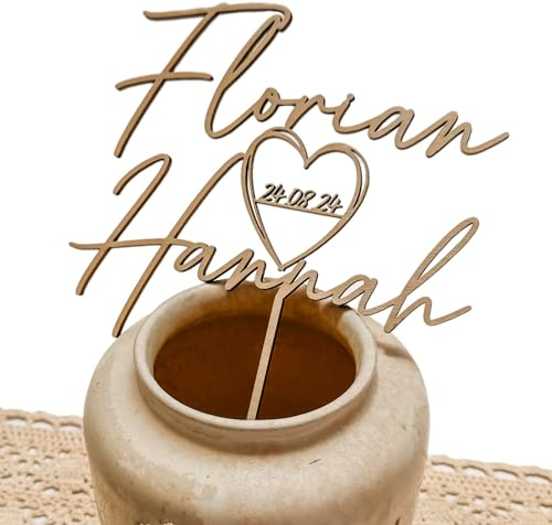Hochzeitsdeko Caketopper mit Namen und Datum personalisiert aus Holz | Hochzeitsdekoration für Torte | Kuchentopper als Hochzeitsgeschenk und Hochzeitsdeko für Kuchen