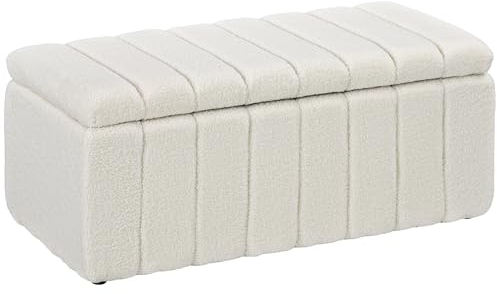 HOMCOM Sitzbank mit Stauraum, Polsterbank aus Teddyfell, Bettbank mit Holzrahmen, Aufbewahrungsbox, Schuhbank für Schlafzimmer, Wohnzimmer, Flur, 102 x 45 x 46 cm, Cremeweiß