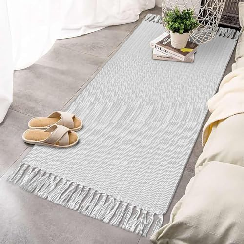 JaeMoose Tappeto boho da cucina, tappeto boho lavabile, tappeto in cotone, tessuto geometrico (grigio chiaro, 60 x 130 cm)