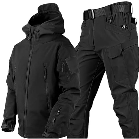 aromm Hombre Chaqueta Táctica de Capucha & Pantalones Softshell Trajes para Aire Libre Pesca Senderismo Camping Negro, S