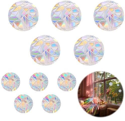 10 x Prisms Window Stickers, Bird Protection Stickers, Anti-Collision, Rainbow Window Film, Sun Catcher, Round PVC Window Stickers, Invisible Window Decoration for Living Room, Bedroom, Kitchen