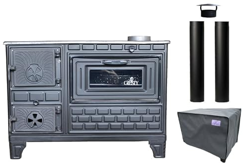Giesty® Outdoor-Küchenofen Terrassenofen, Holzofen mit Holz und Holzkohle, Garten-Kamin, Outdoor-Küchenherd, Kuzine Soba (Gusseiserne Tür+2 Rohre+wasserdichte Abdeckung)